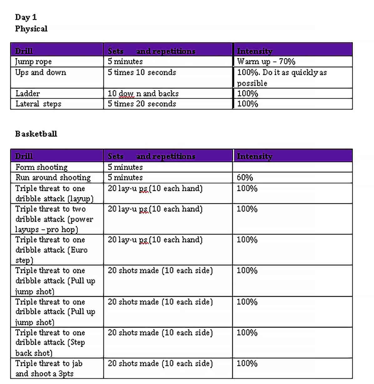 Sample Basketball Workout Checklist Template