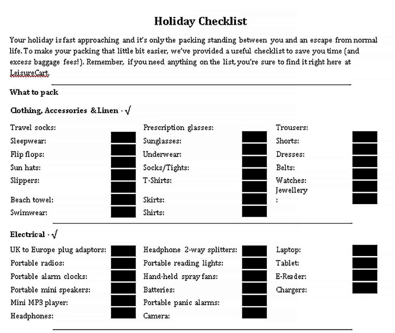 Sample Beach Holiday Checklist