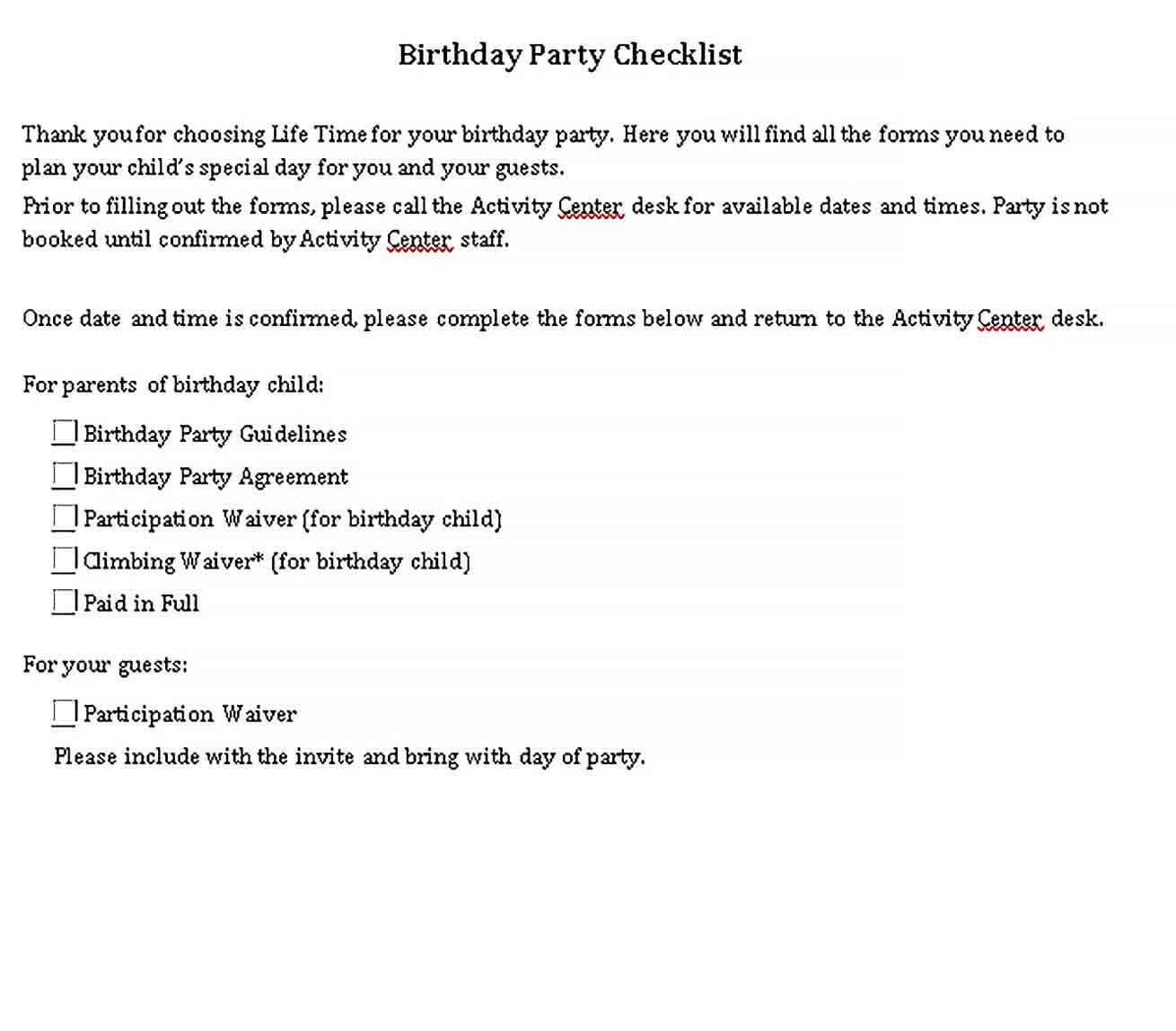Sample Birthday Party Checklist Template
