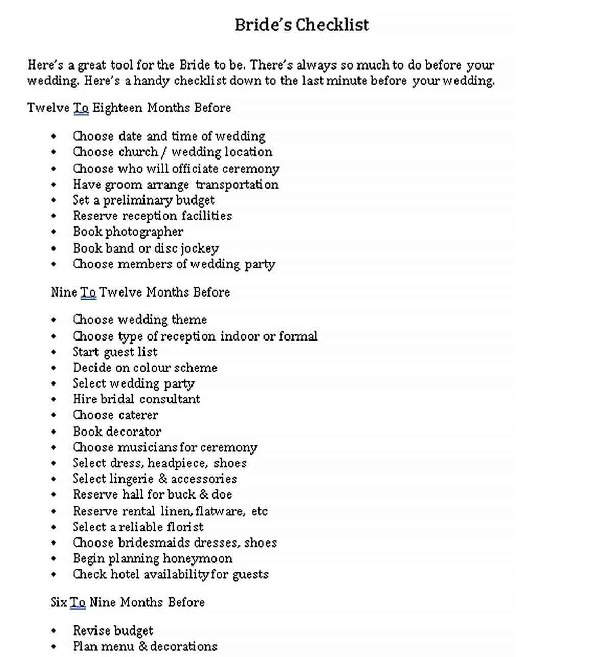 Sample Bride Checklist