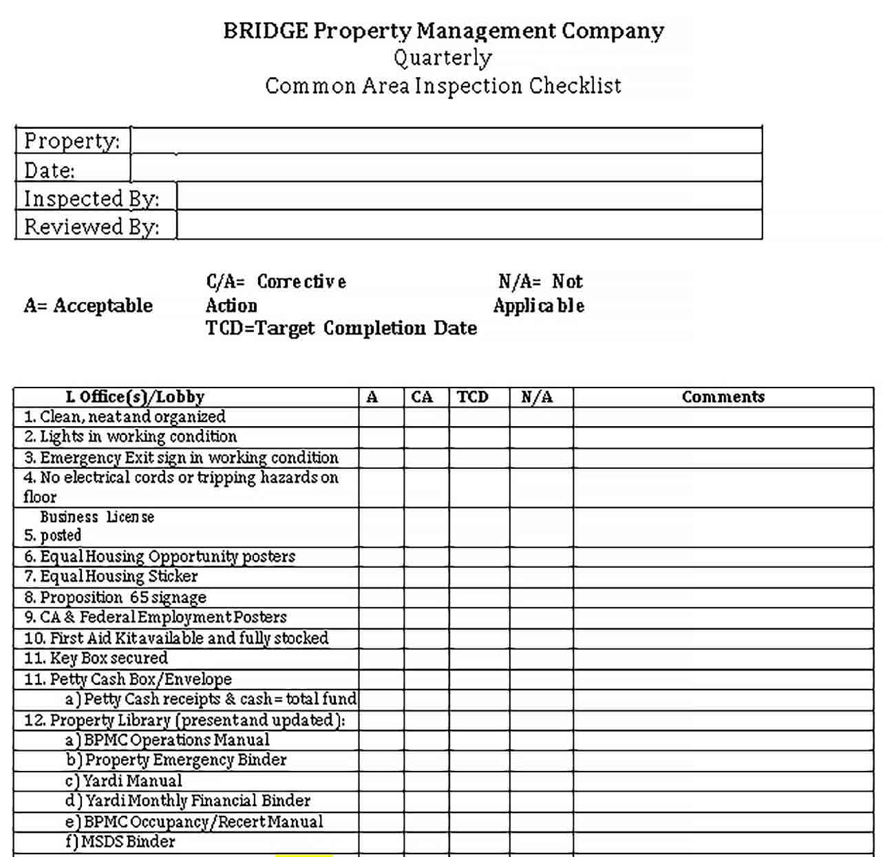 Sample Bridge Property Managment Checklist