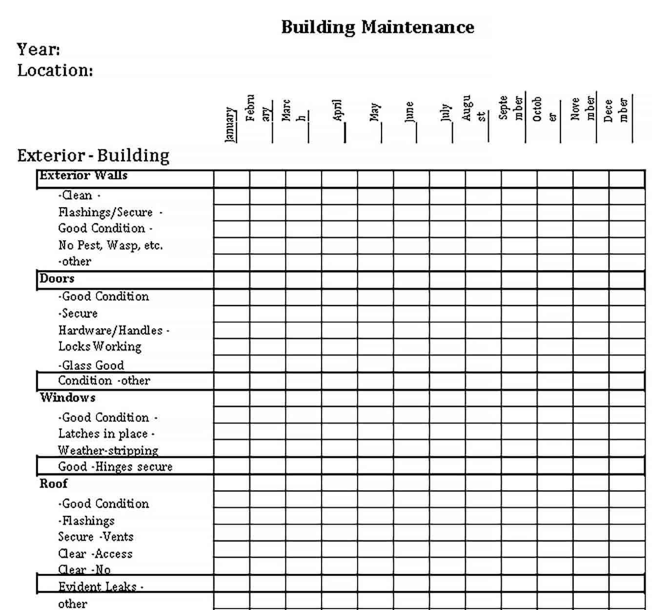 Sample Building Maintenance Checklist PDF Format Template