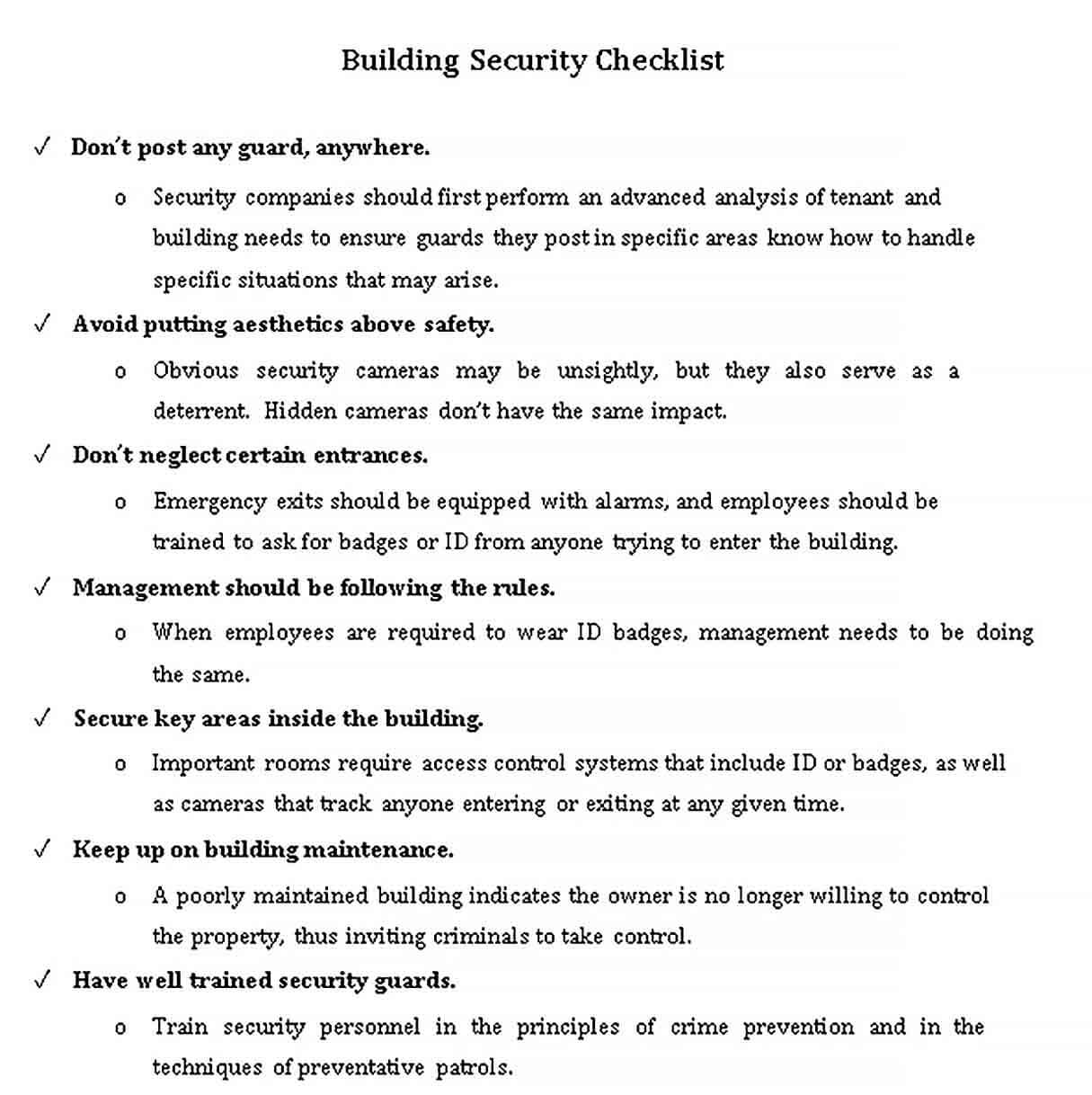 Sample Building Security Checklist Format