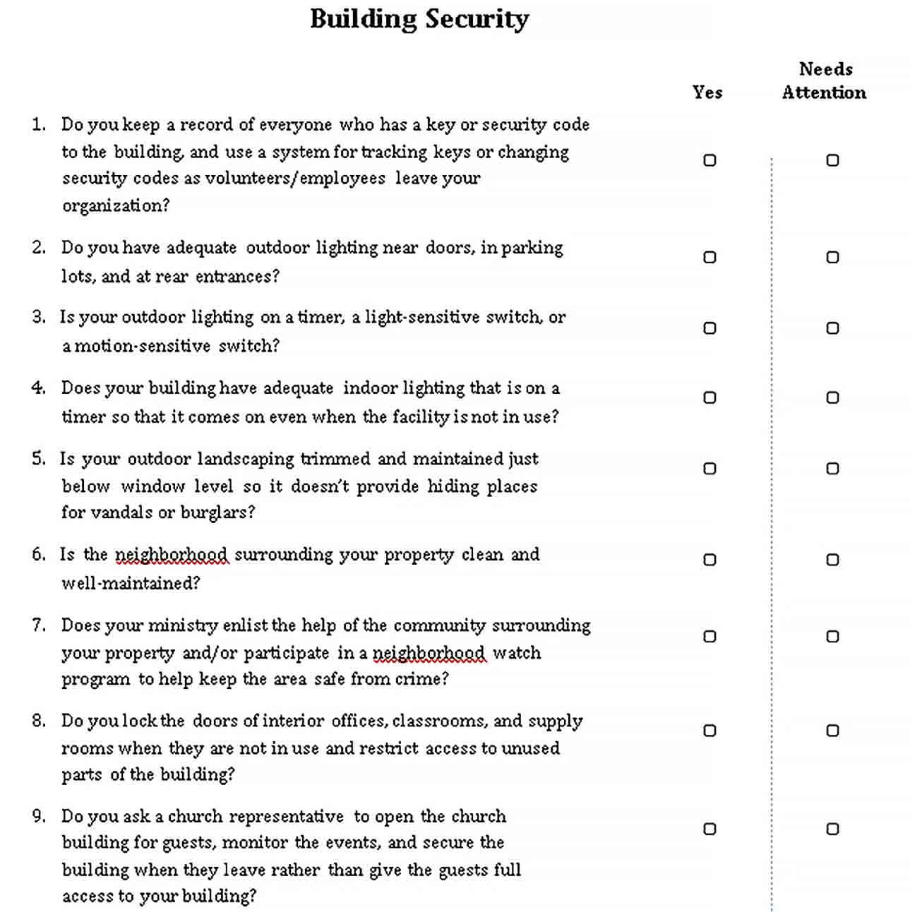 Sample Building Security Checklist Template