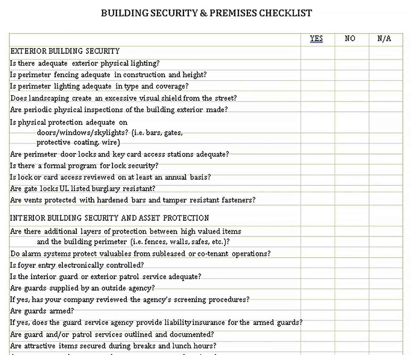 Sample Building Security and Premises Checklist Template