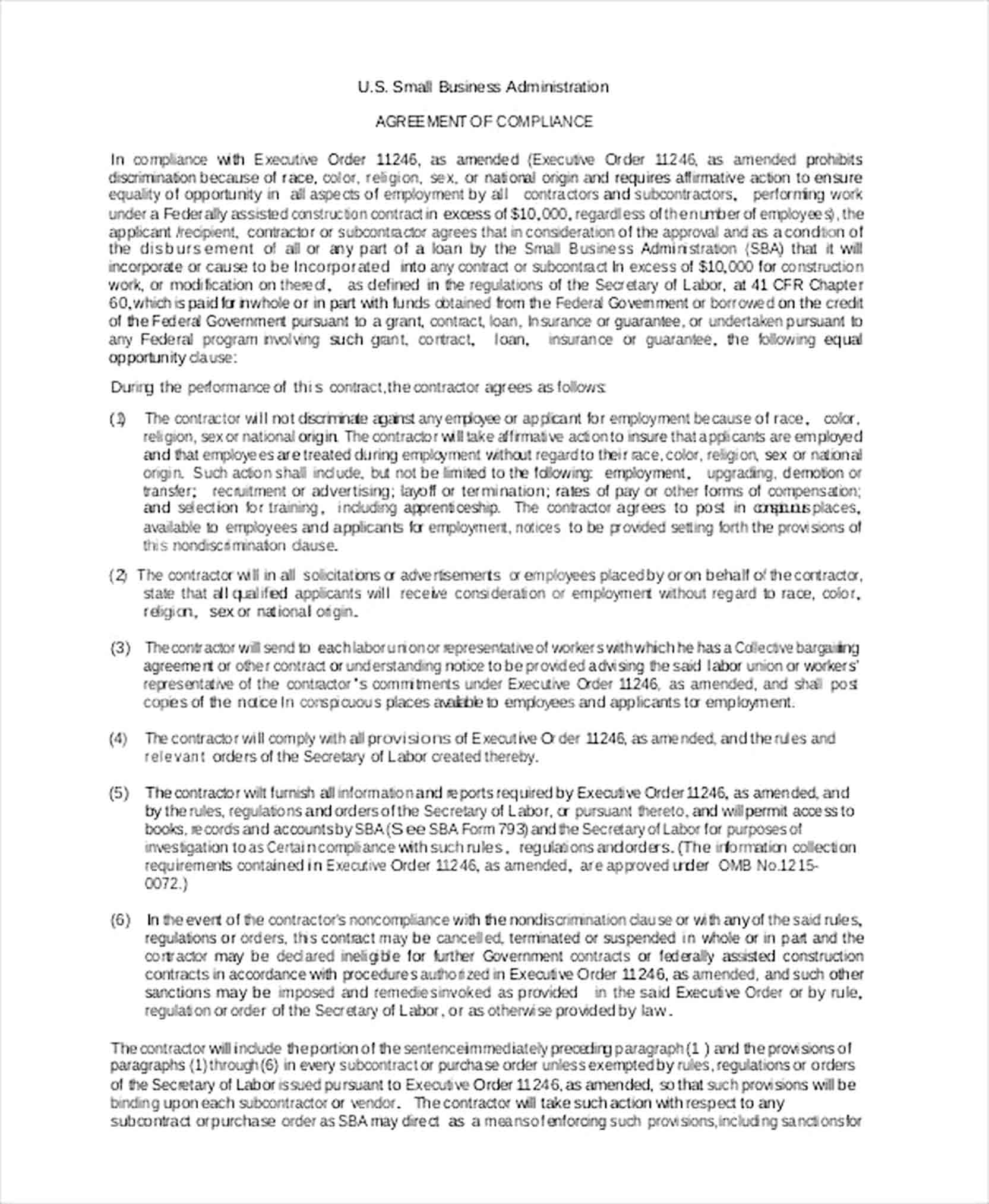 Sample Business Administration Agreement of Compliance