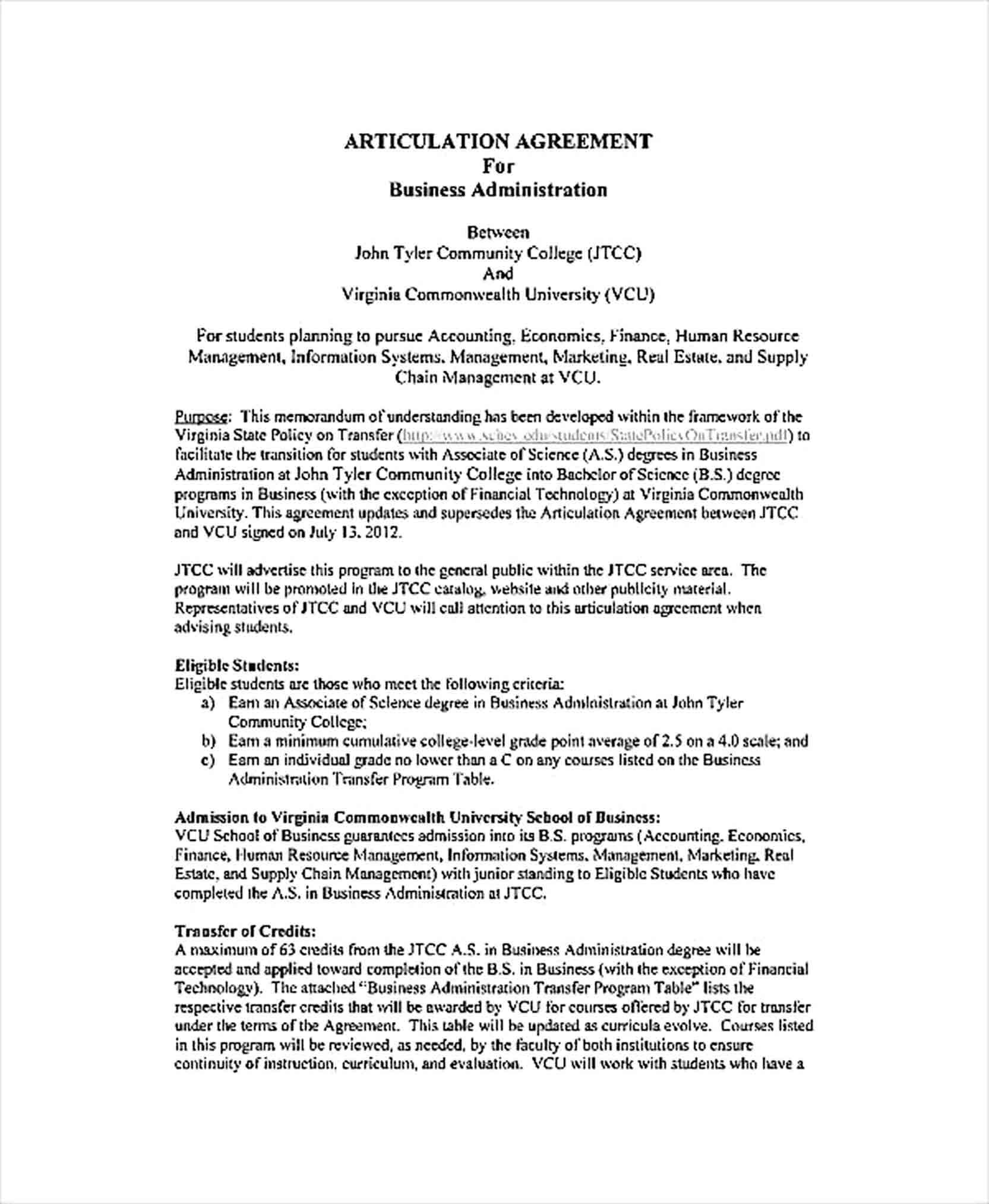 Sample Business Administration Articulation Agreements