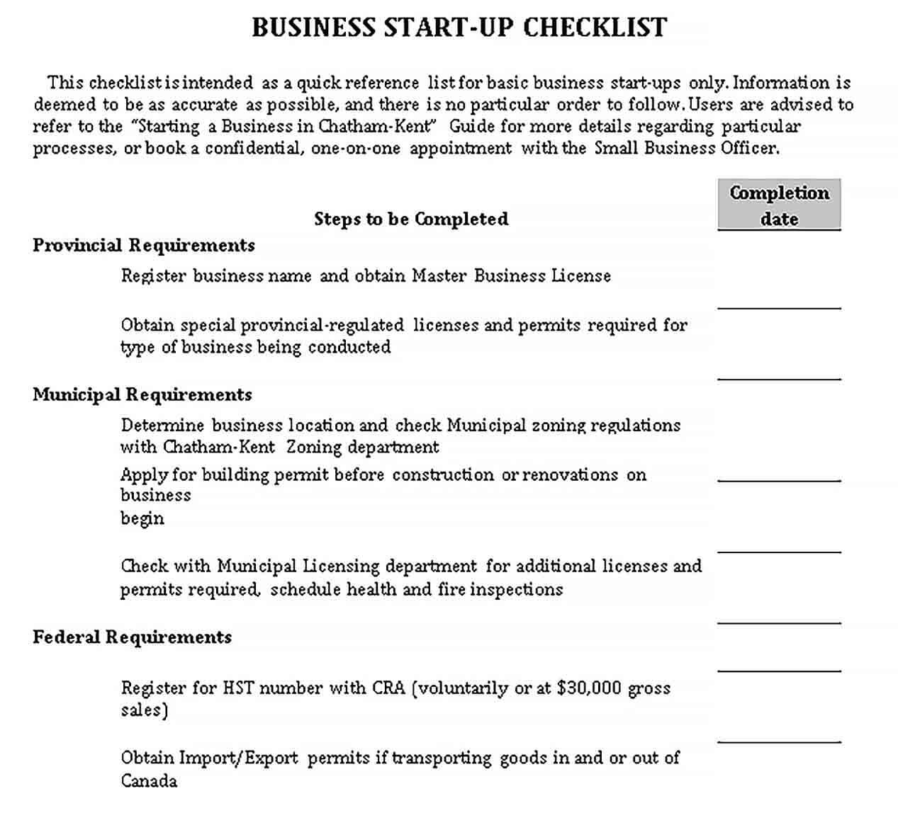 Sample Business Checklist for Startup