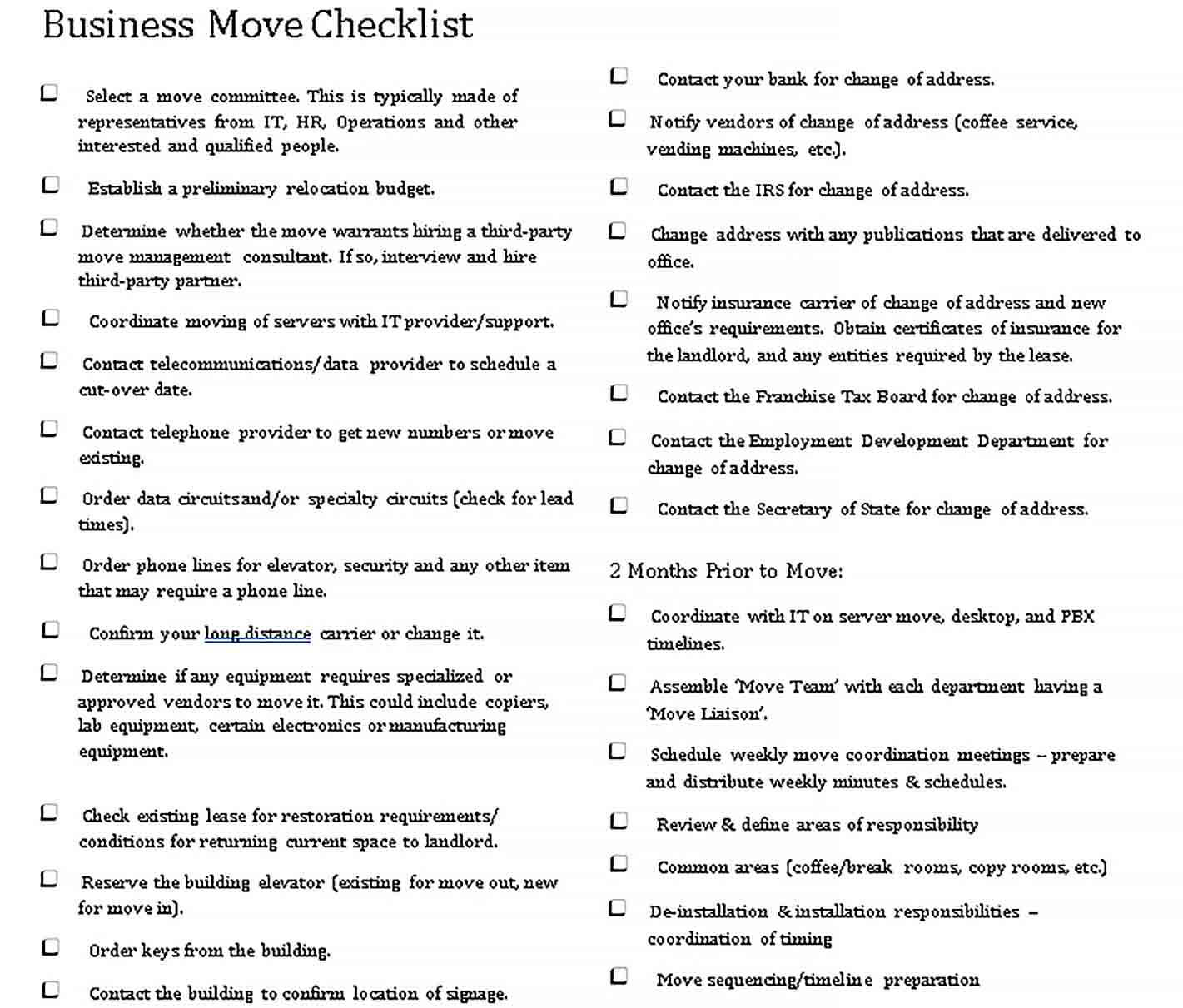 Sample Business Moving Checklist Template