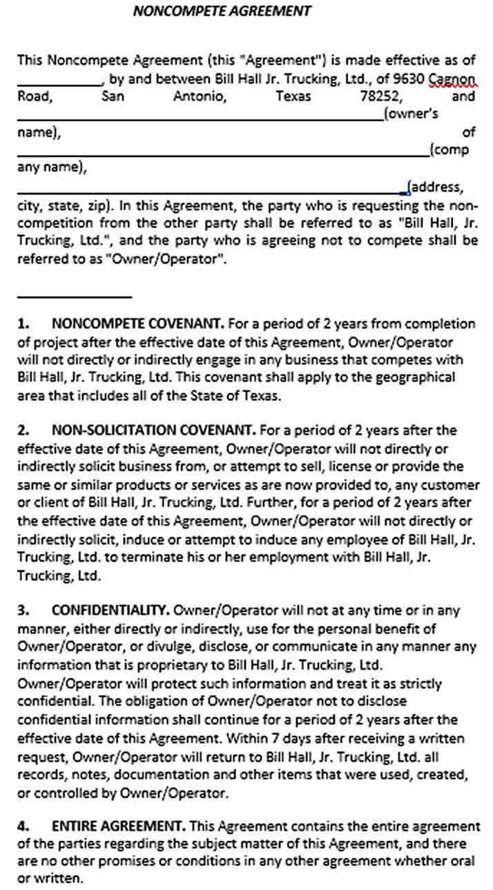 Sample Business Non Compete Agreement Form