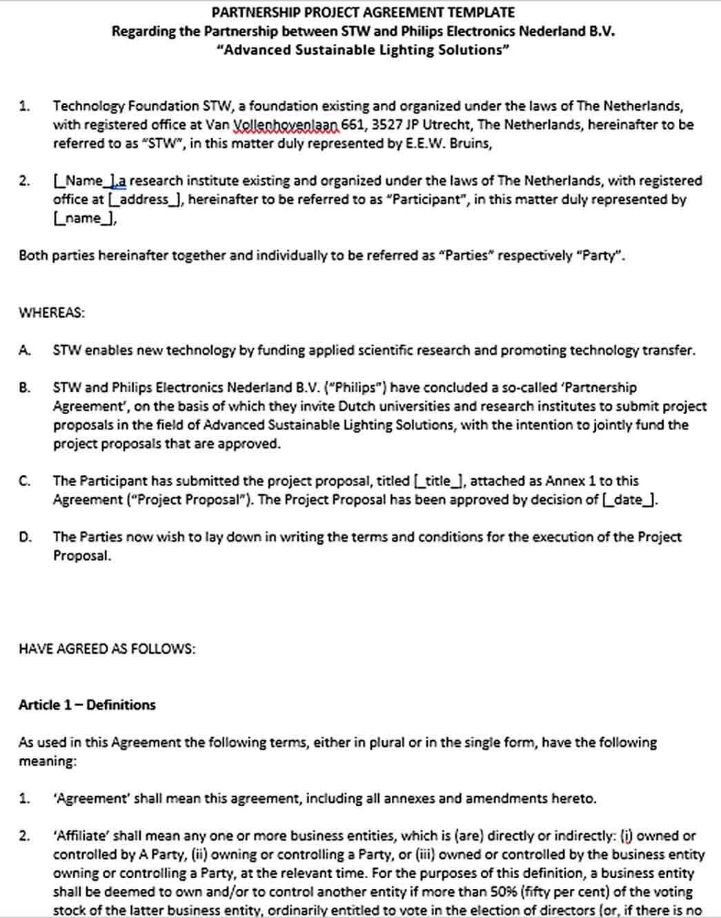 Sample Business Partnership Project Agreement Template in Word