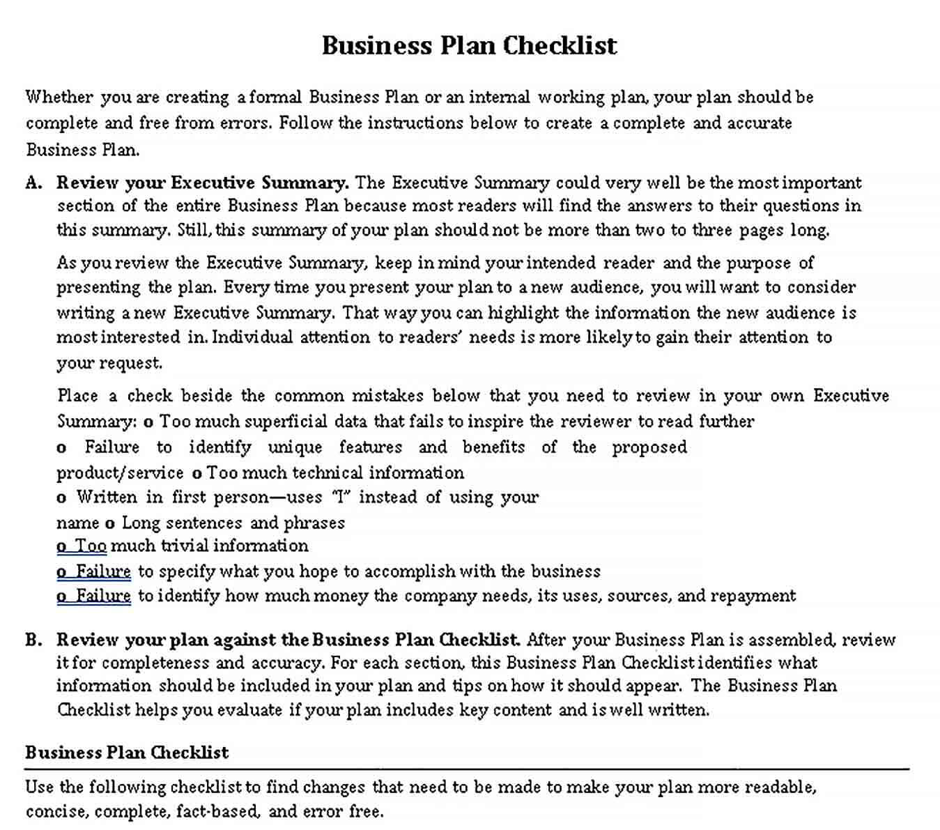 Sample Business Plan Checklist