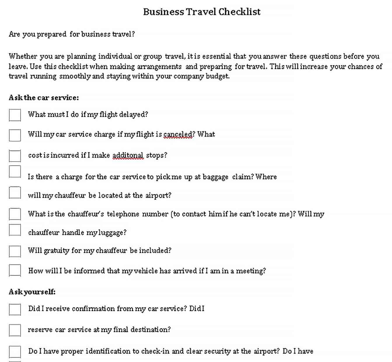 Sample Business Travel Checklist