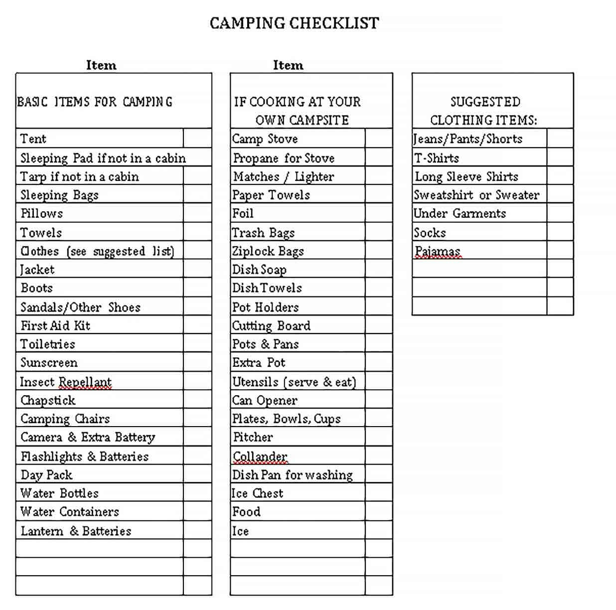 Sample Camping Item Checklist Template