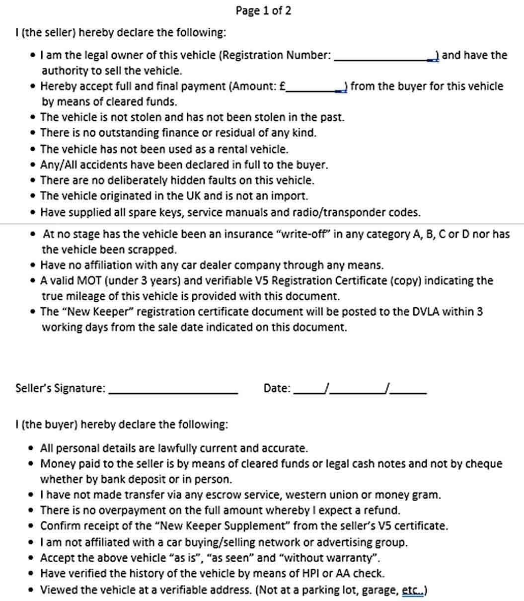 Sample Car Sale Agreement Template in DOC