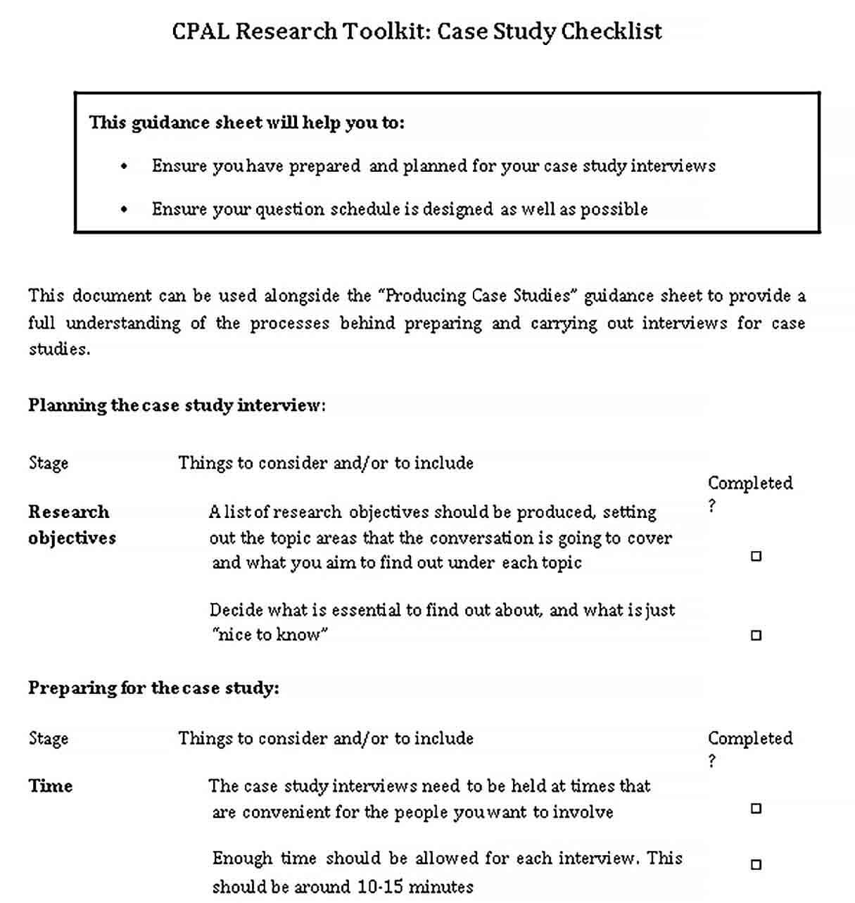 Sample Case Study Checklist Template