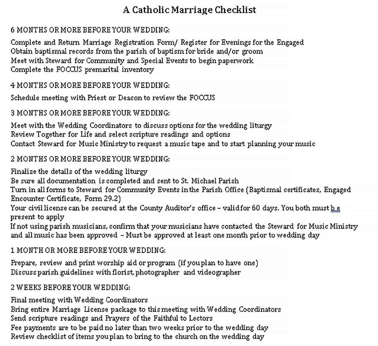 Sample Catholic Wedding Checklist