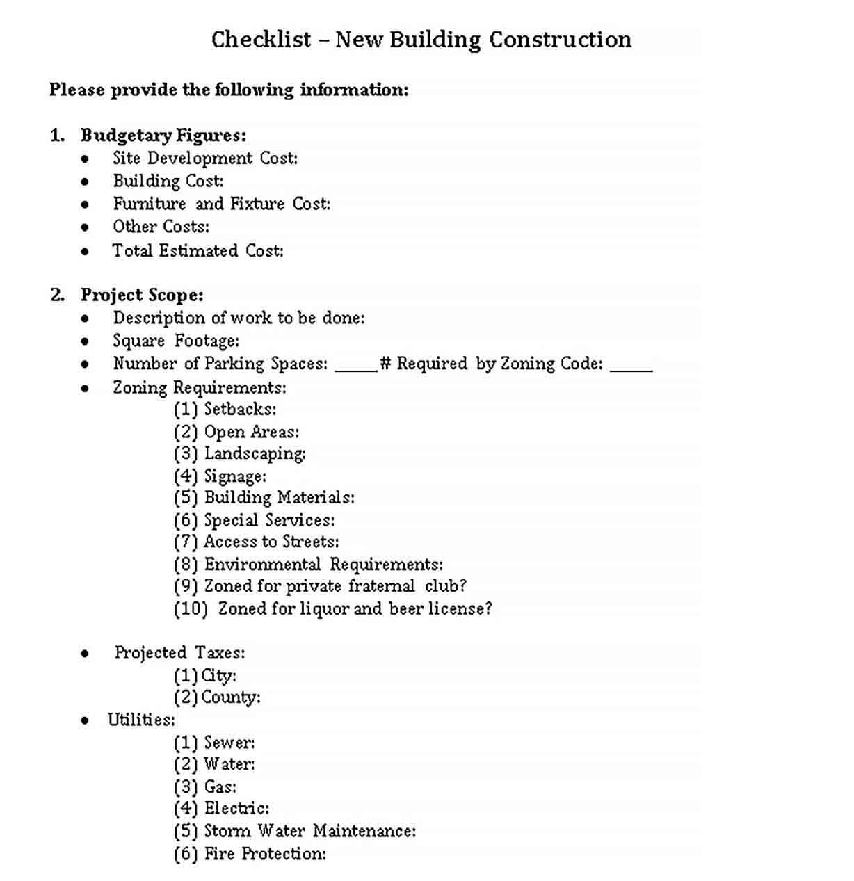 Sample Checklist for Building Construction