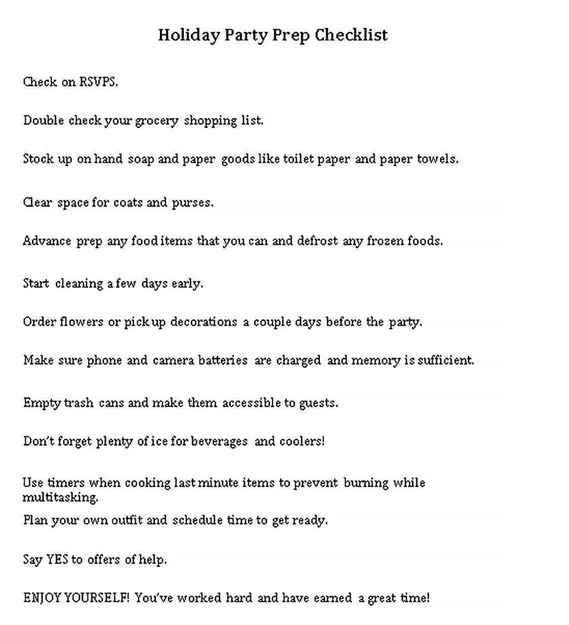 Sample Checklist of Holiday Party