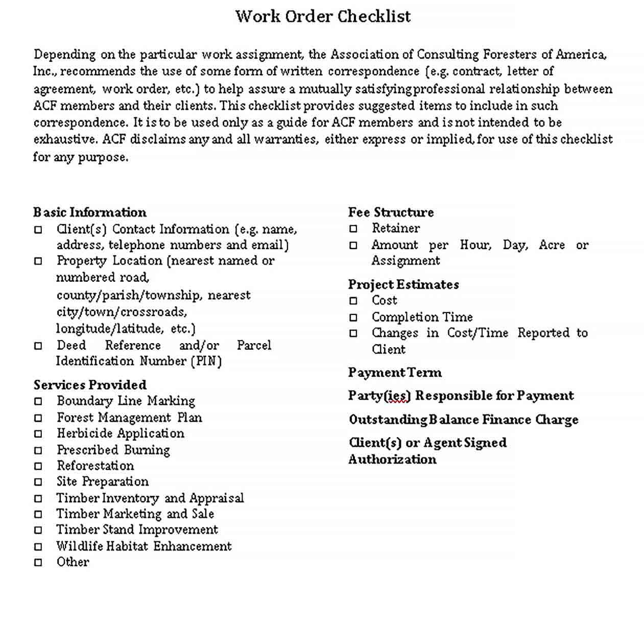 Sample Checklist of Work Order