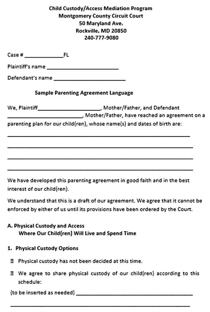 Sample Child Parenting Custody Agreement