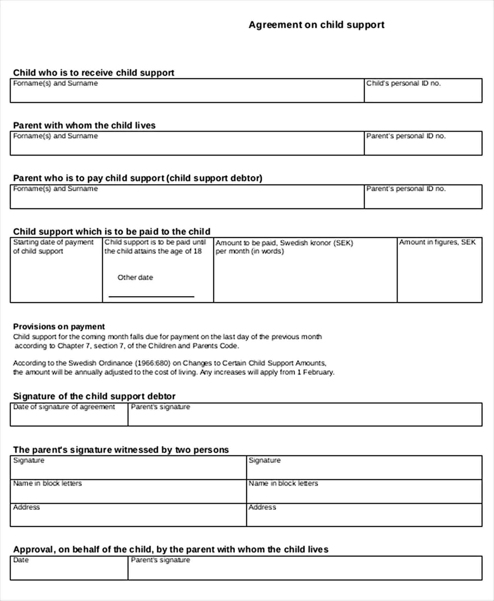 Sample Child Support Parent Agreement Template