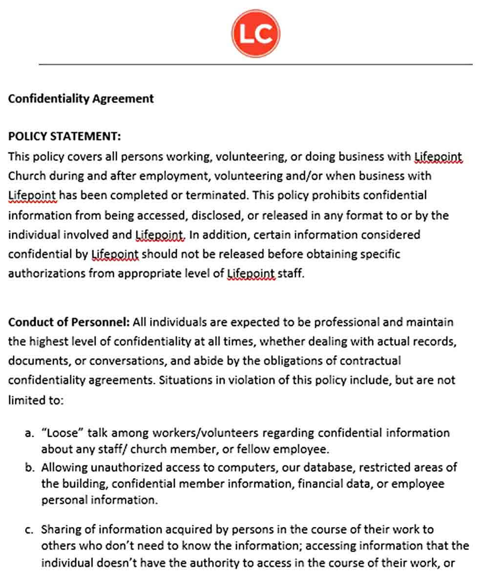 Sample Church Confidentiality Agreement for Data