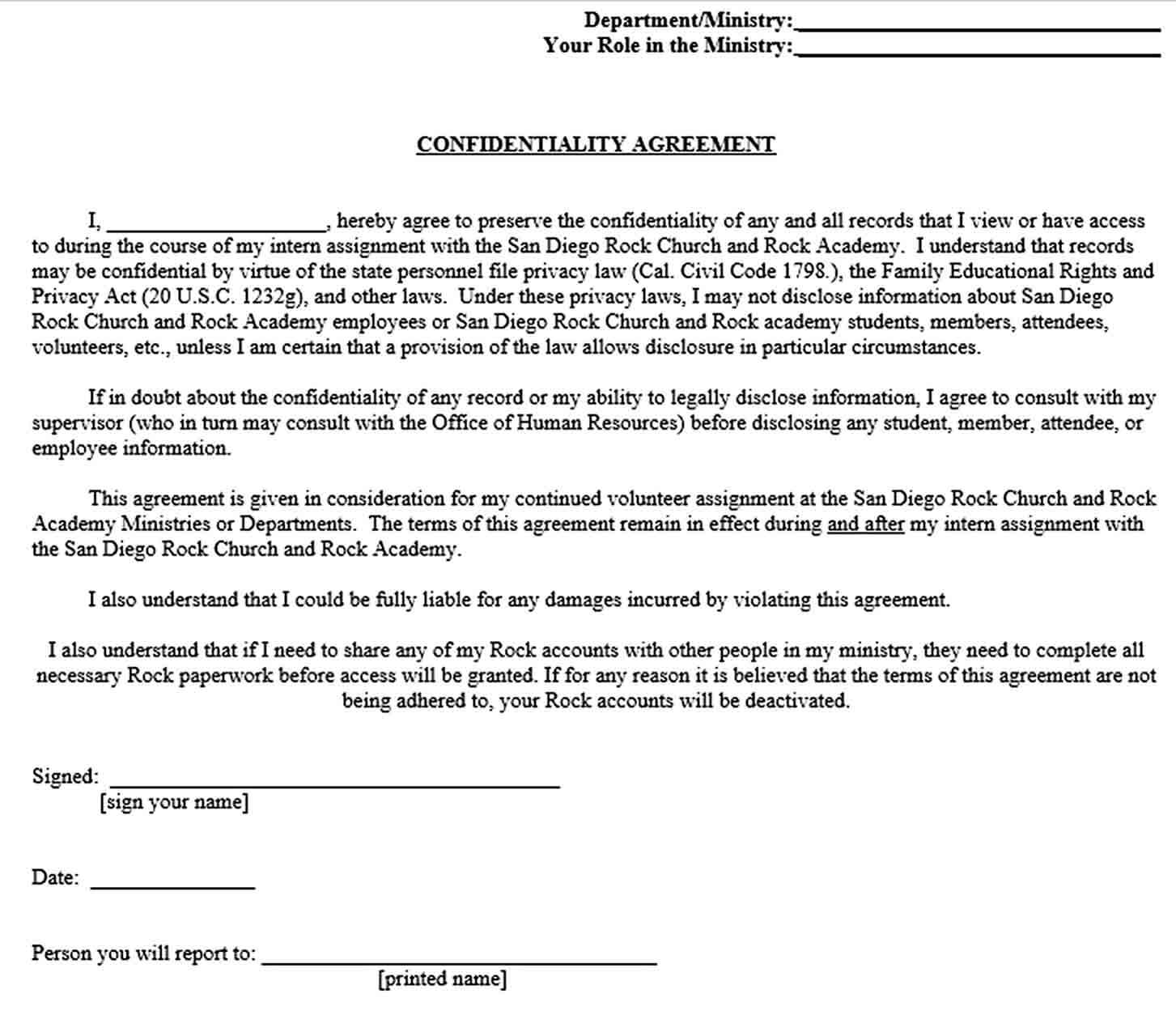 Sample Church Confidentiality Agreement for Employee