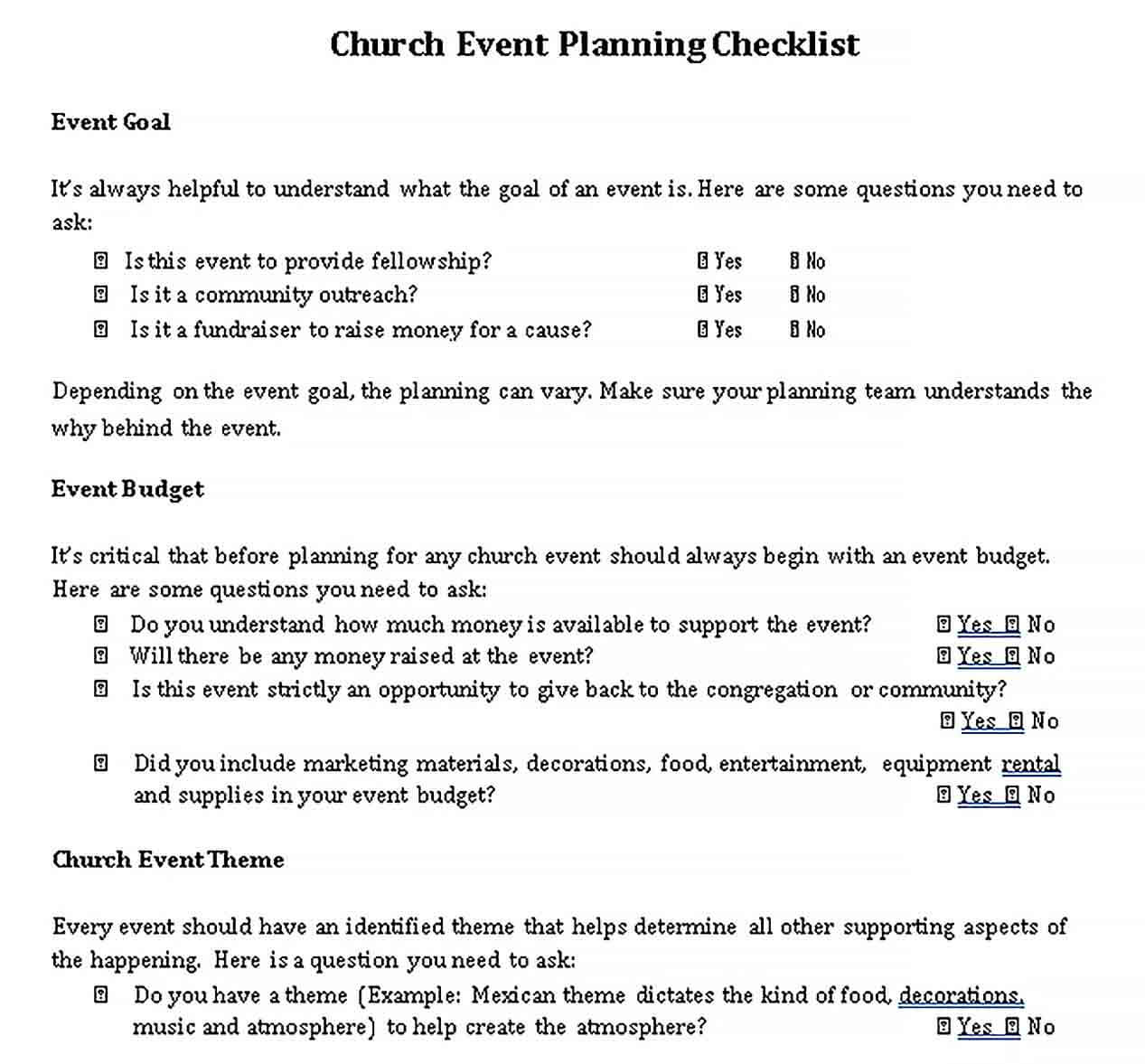 Sample Church Event Planning Checklist