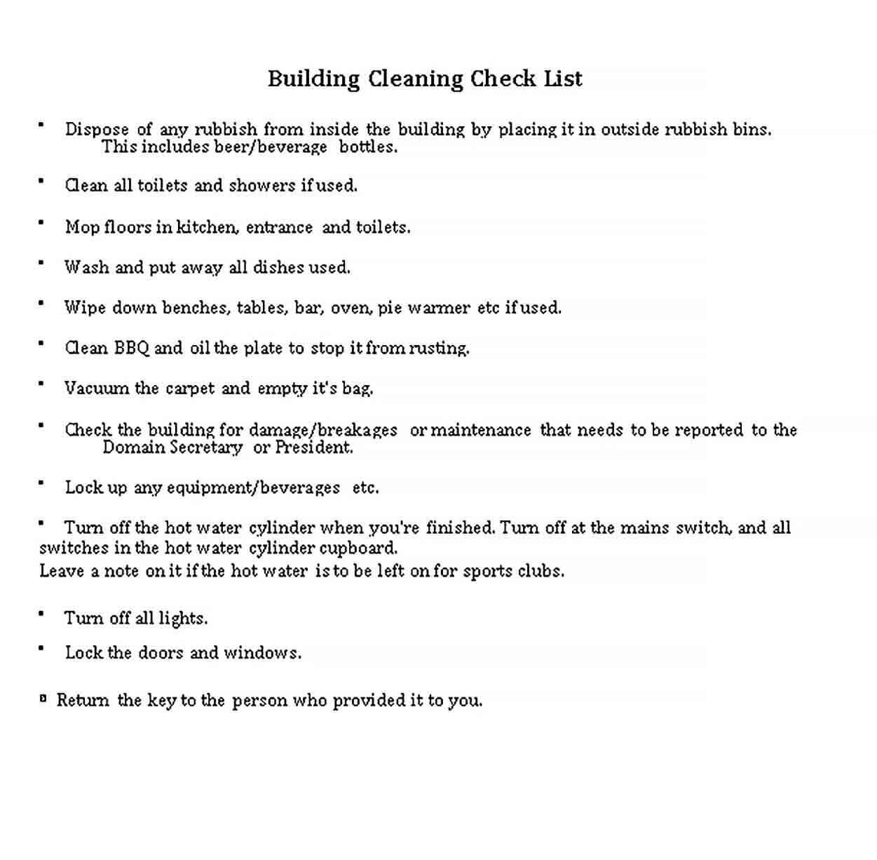 Sample Cleaning Checklist for Building