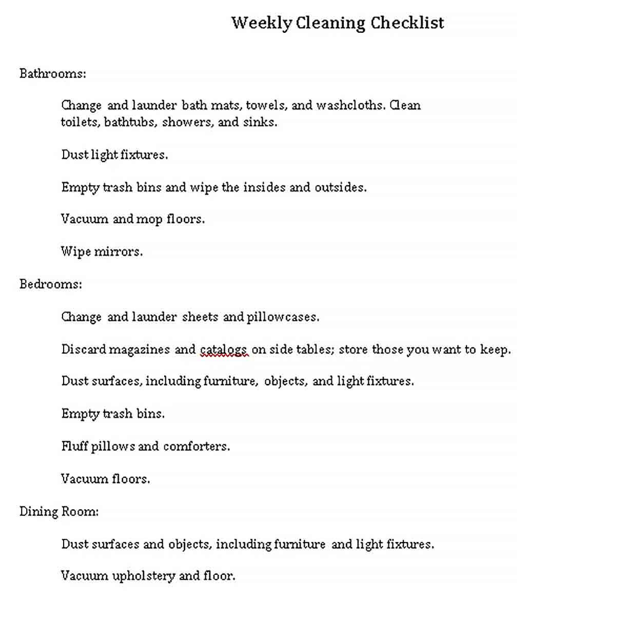 Sample Cleaning Weekly Checklist Template