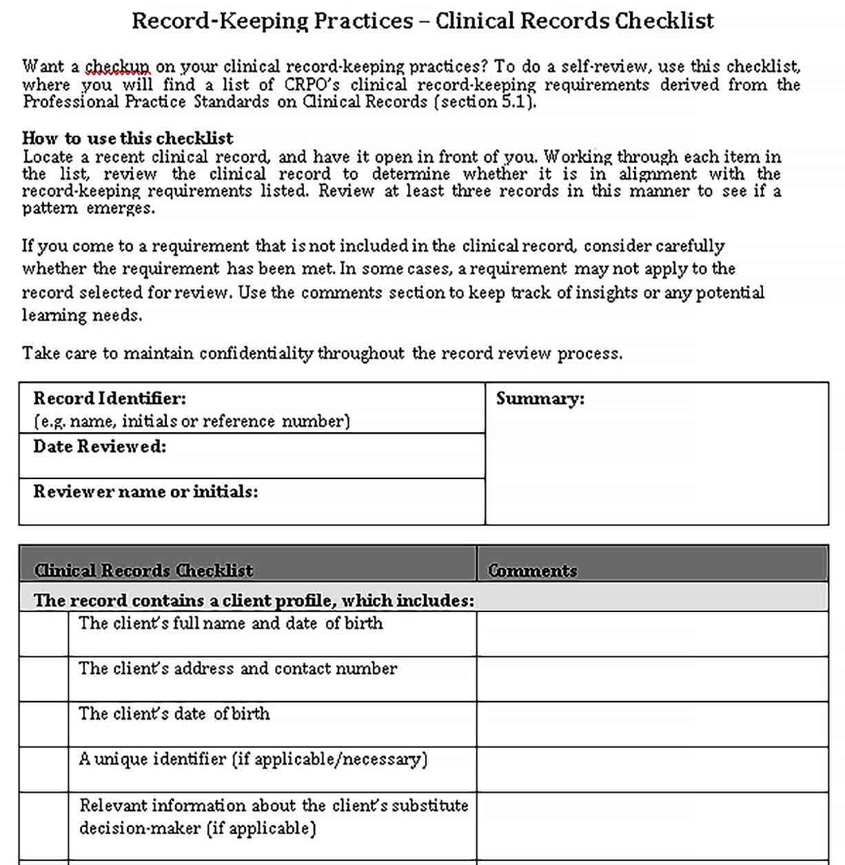 Sample Clinical Records Checklist Template Example