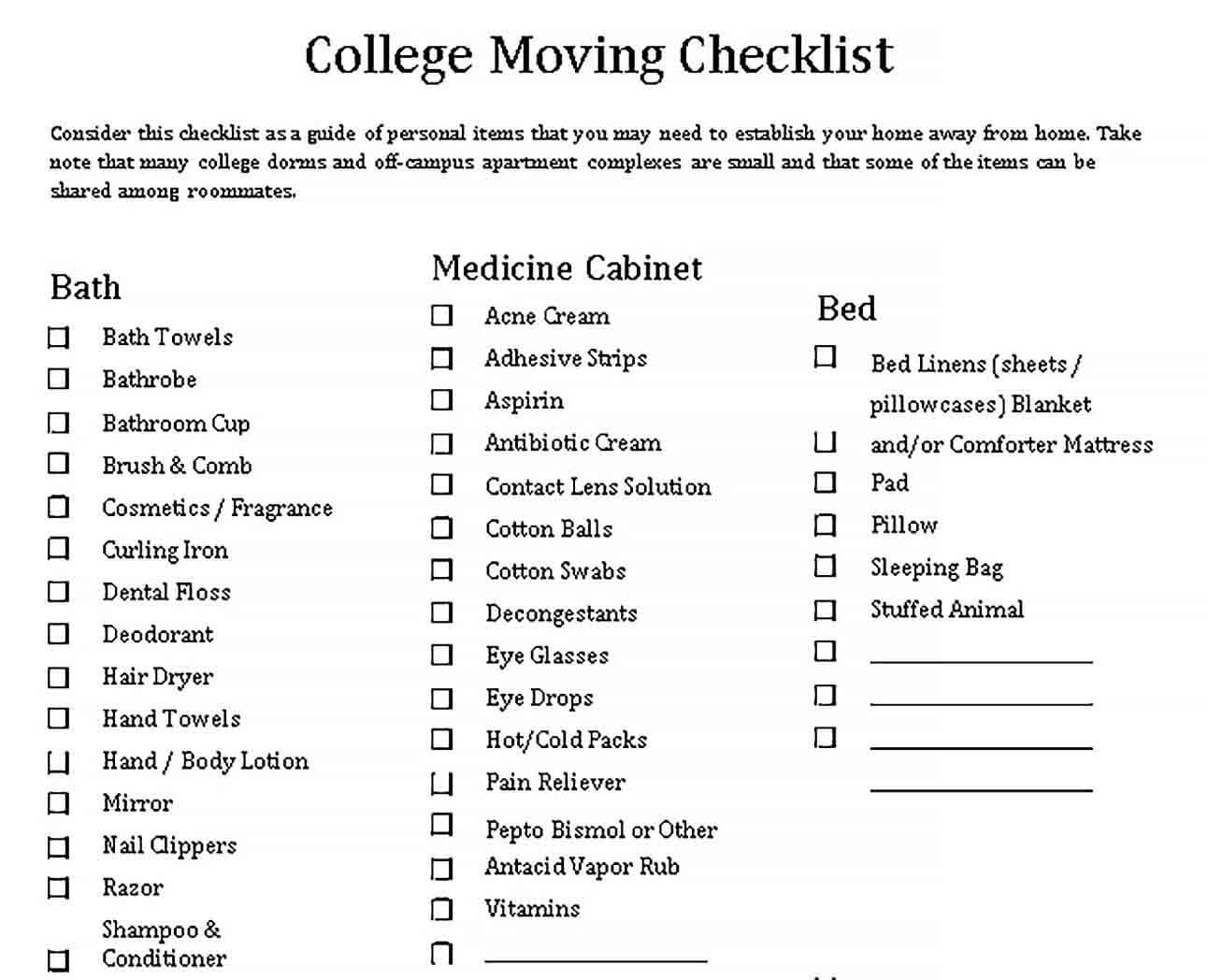 Sample College Moving Checklist Template