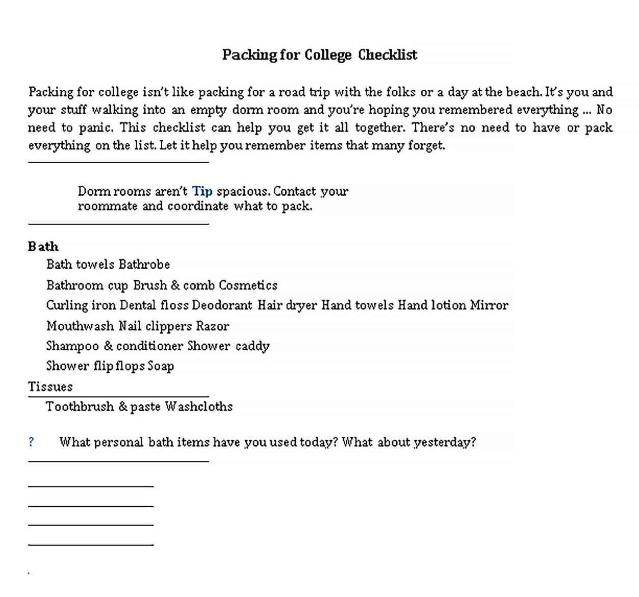 Sample College Packing Checklist 1