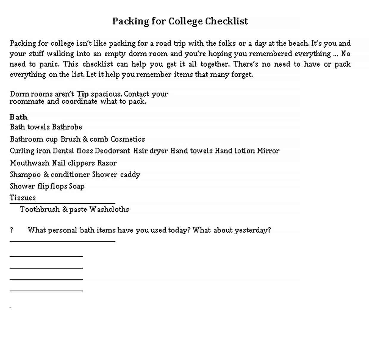 Sample College Packing Checklist 2