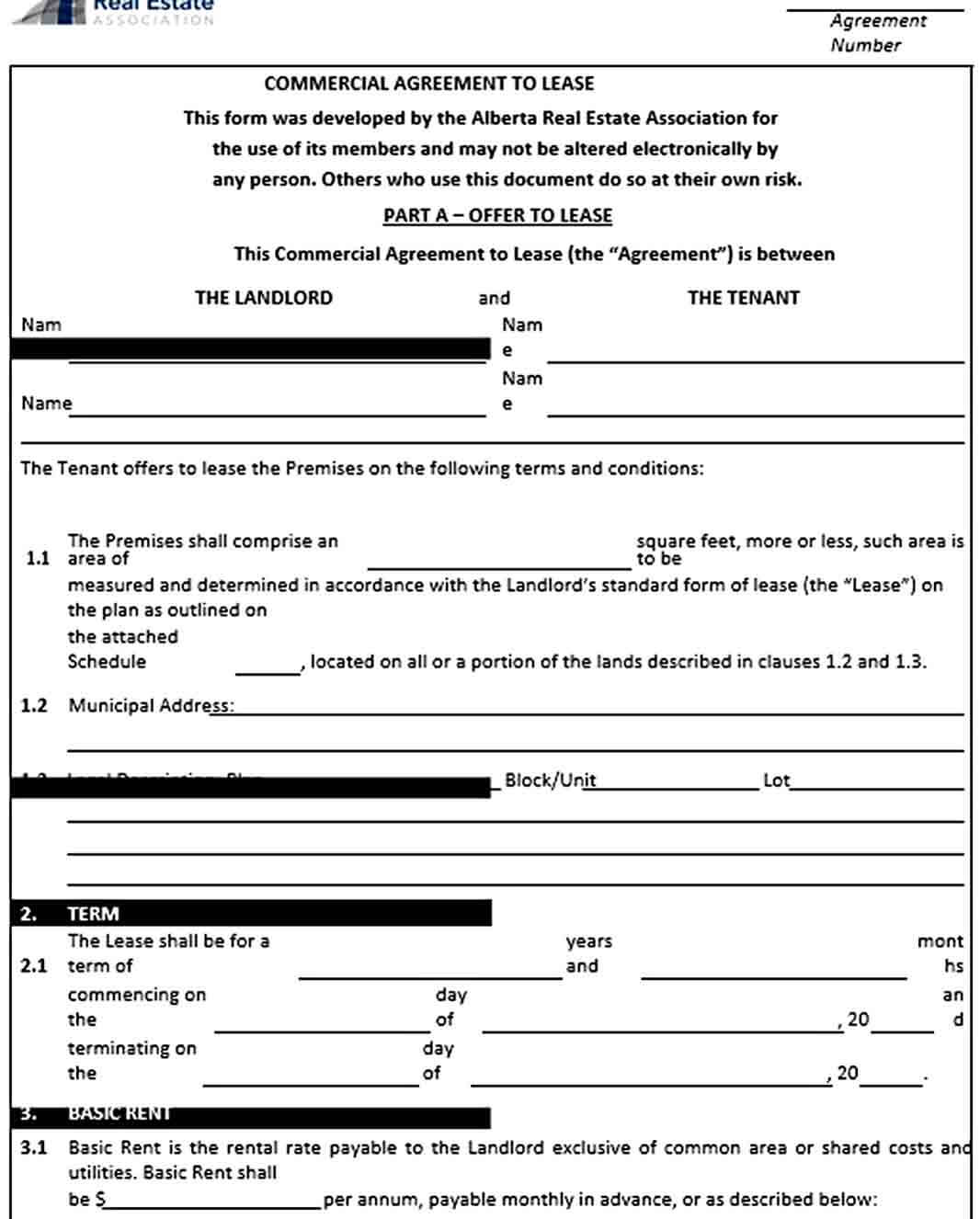 Sample Commercial Agreement to Lease Template