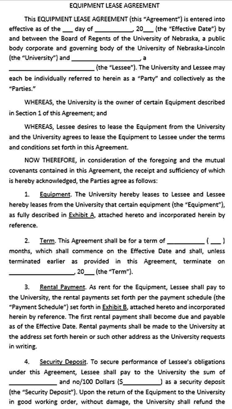 Sample Commercial Equipment Lease Agreement Template