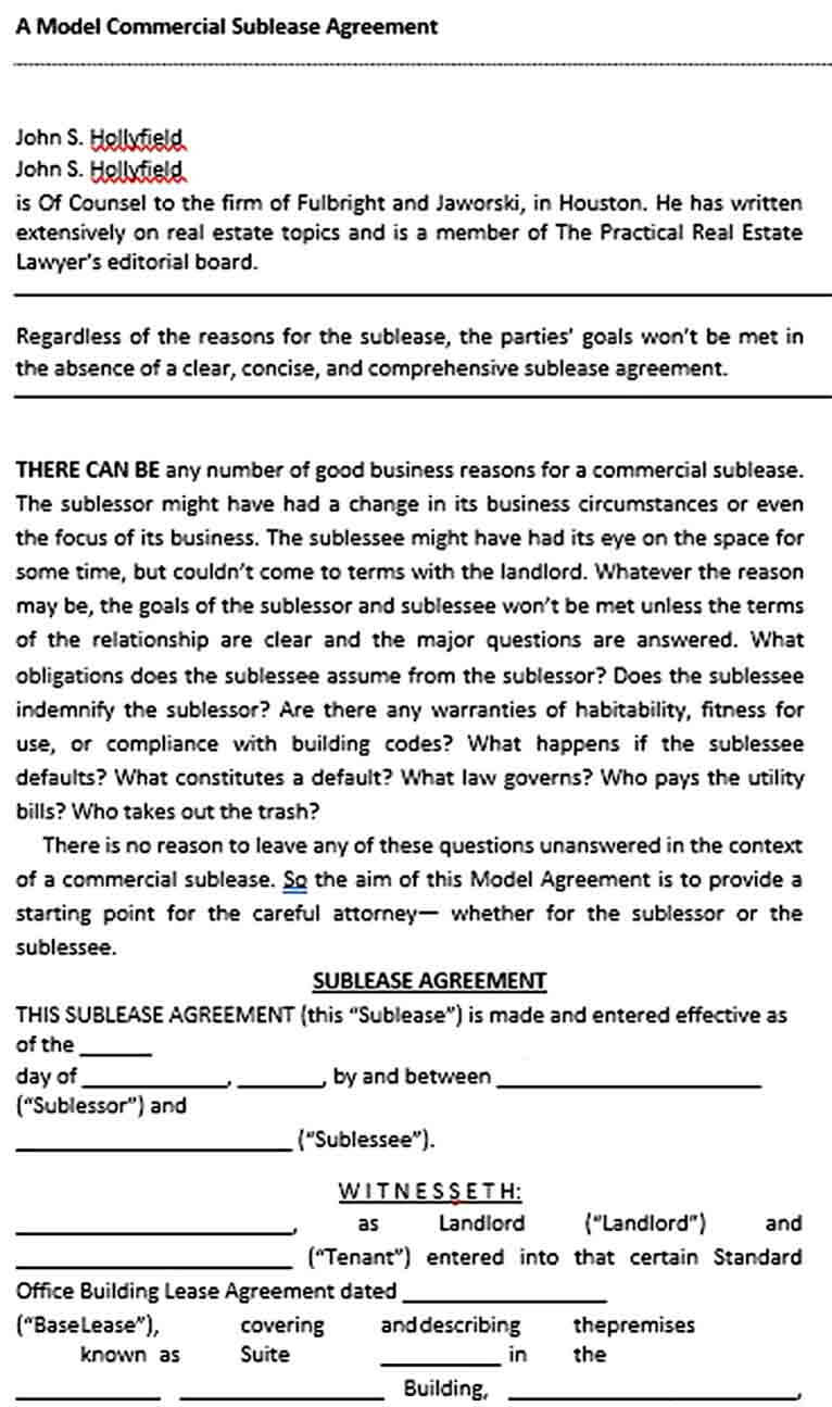 Sample Commercial Sublease Agreement