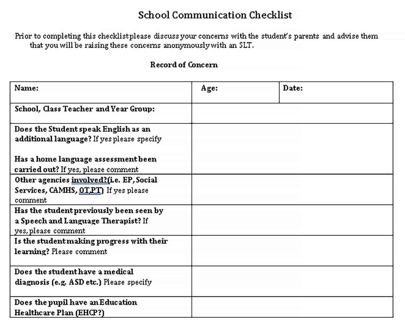 Sample Communication School Checklist