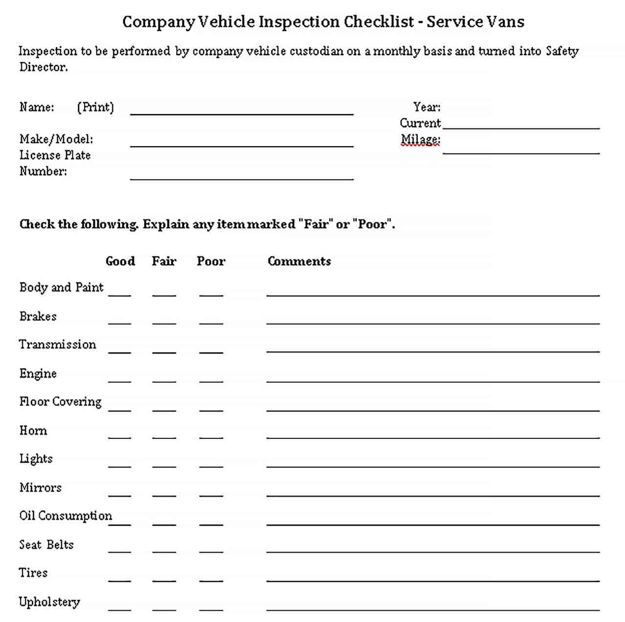 Sample Company Vehicle Checklist