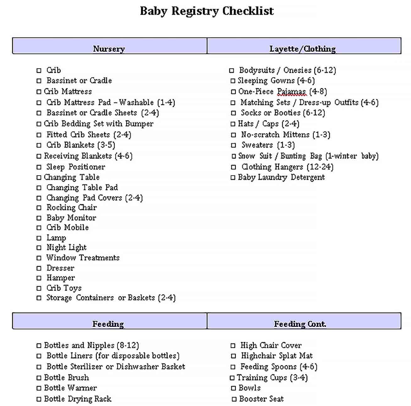 Sample Complete Registry Checklist for Baby