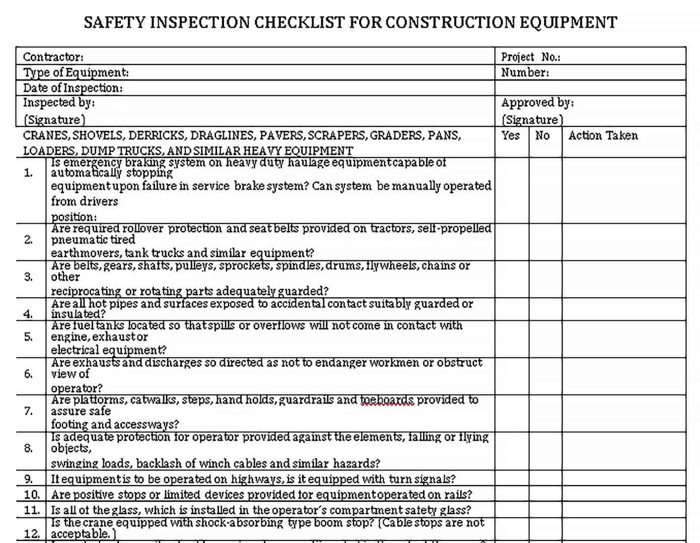 Sample Construction Equipment Checklist