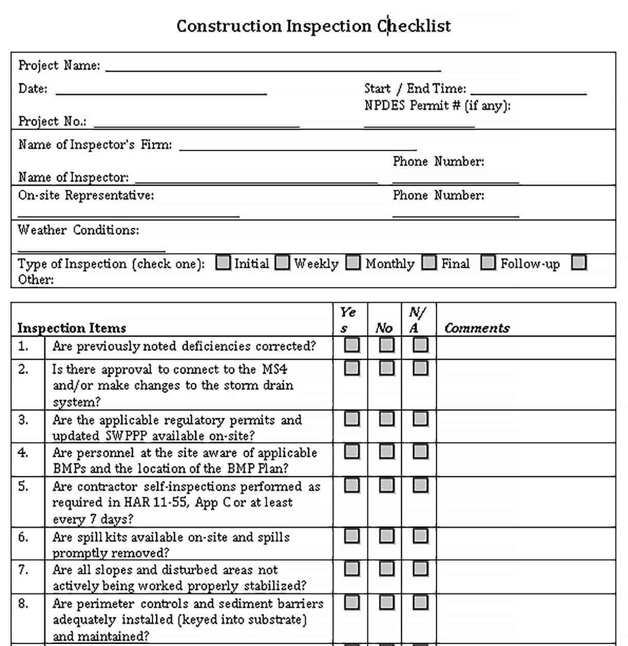 Sample Construction Inspection Checklist