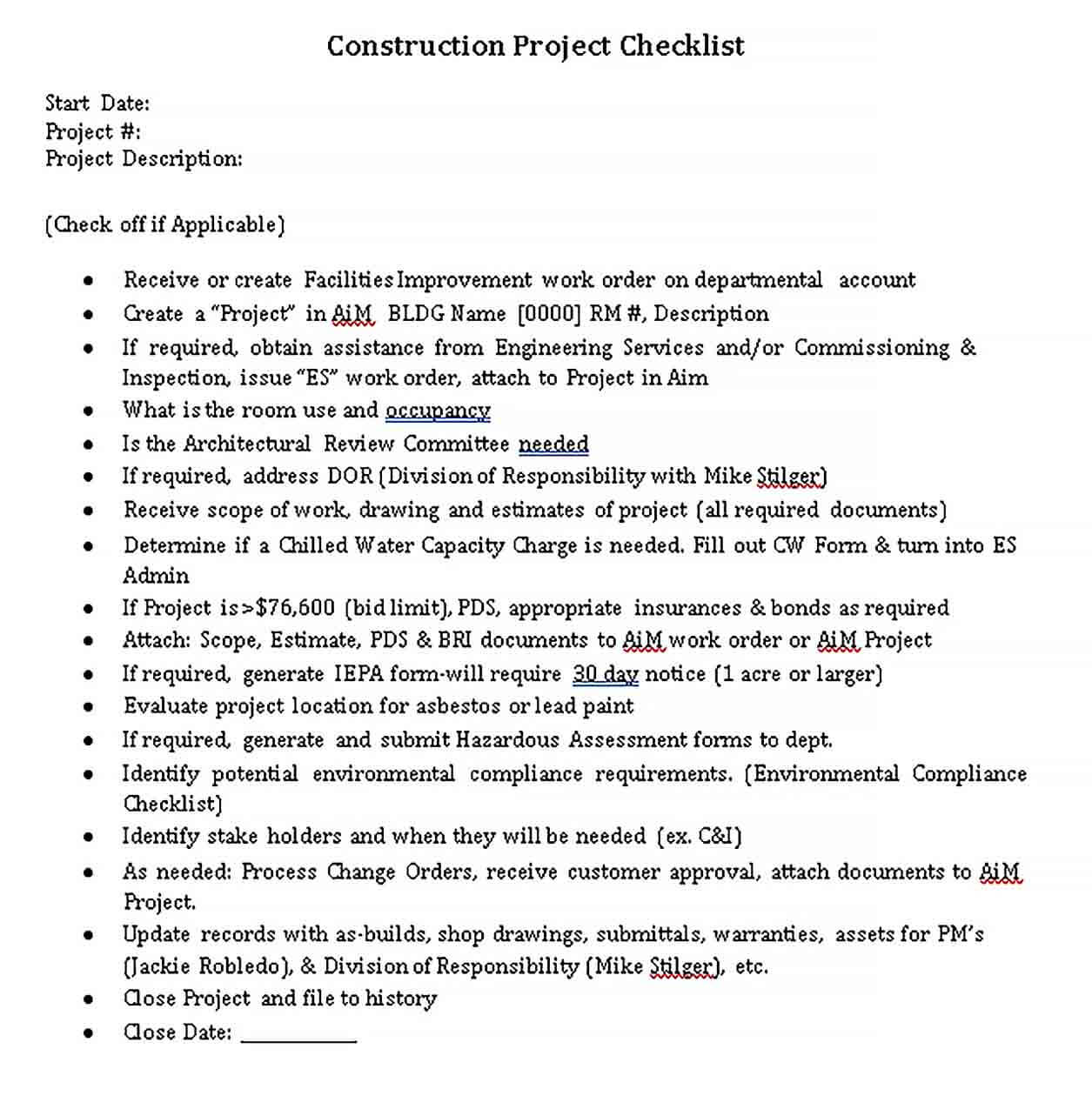 Sample Construction Project Checklist Template