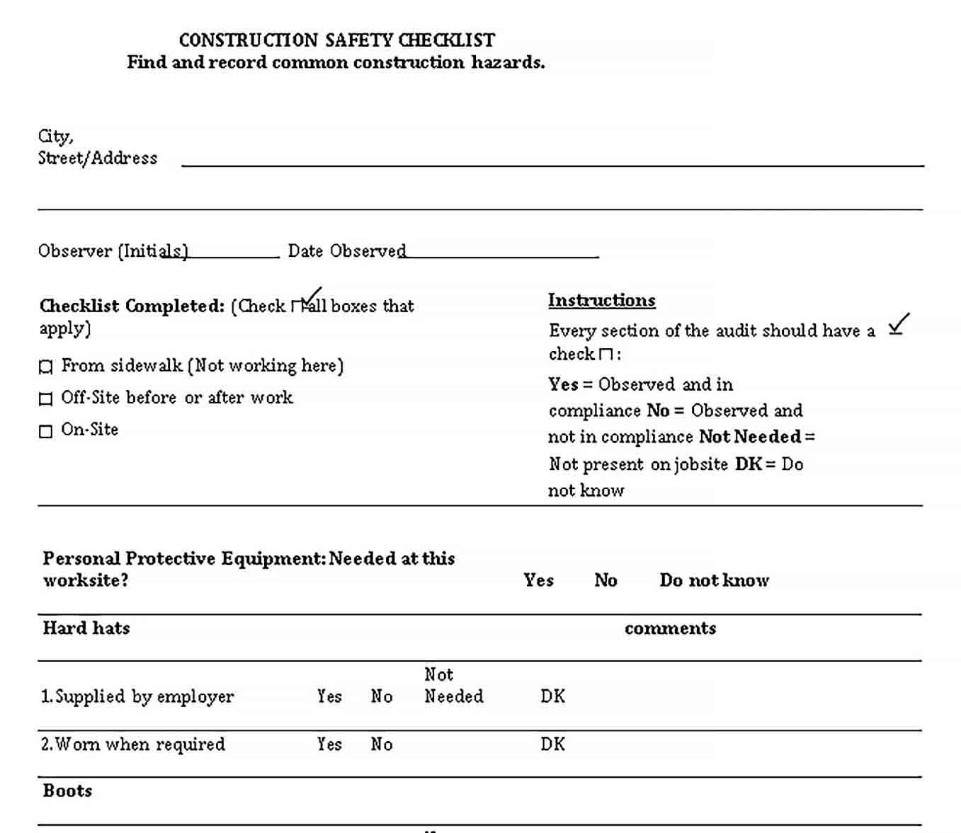 Sample Construction Safety Checklist Template