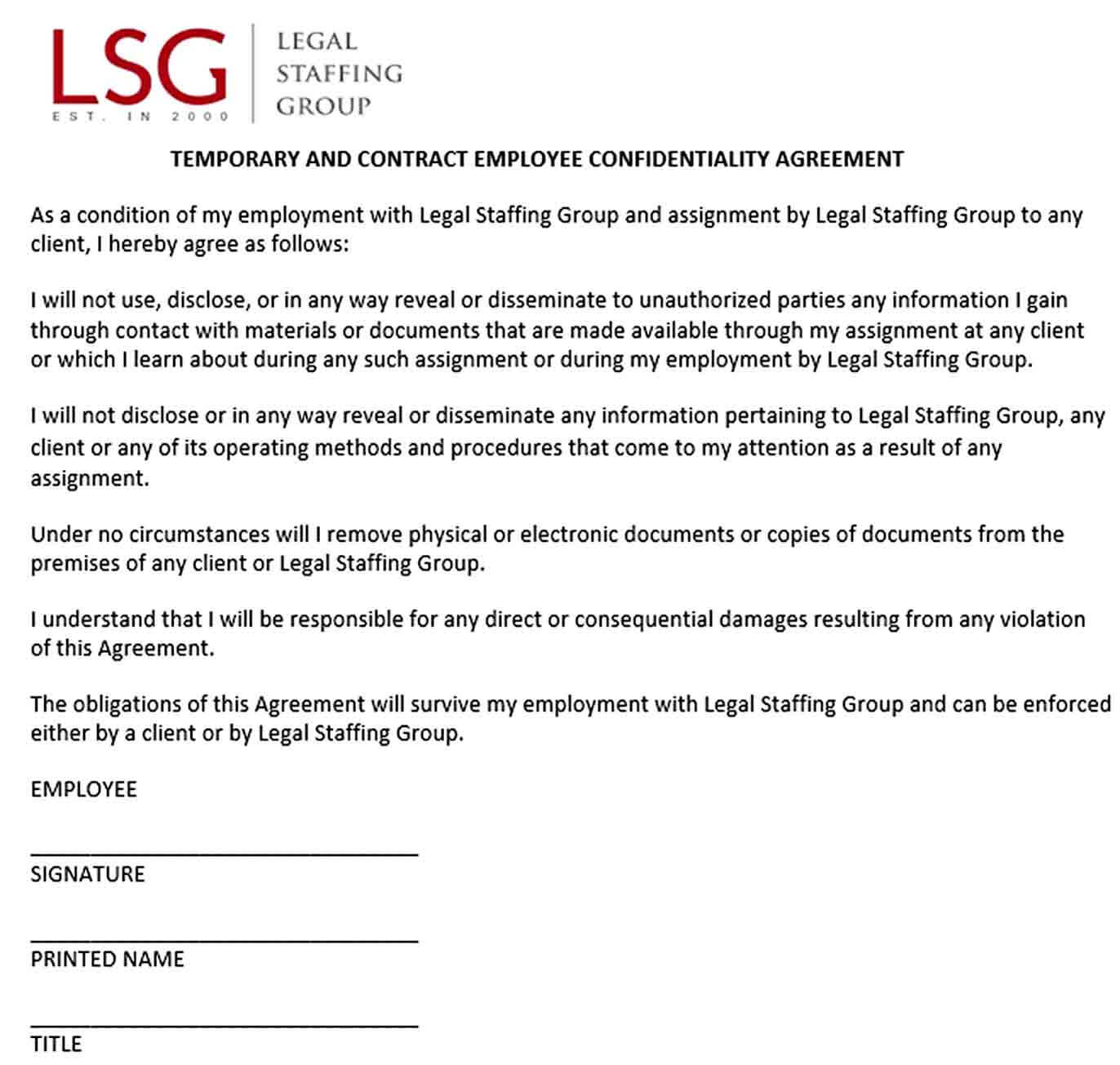 Sample Contract Employee Confidentiality Agreement