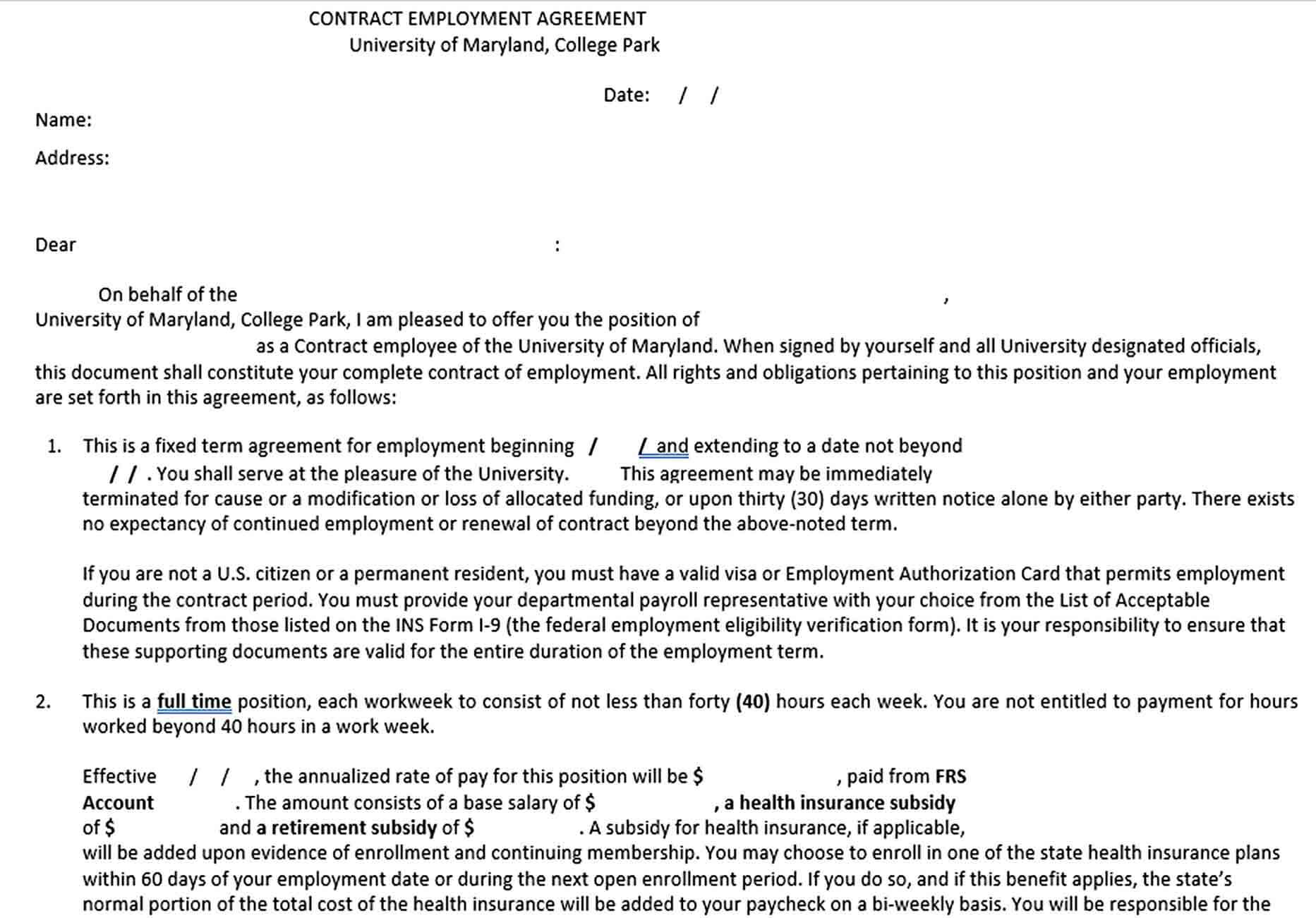 Sample Contract Employement Agreement