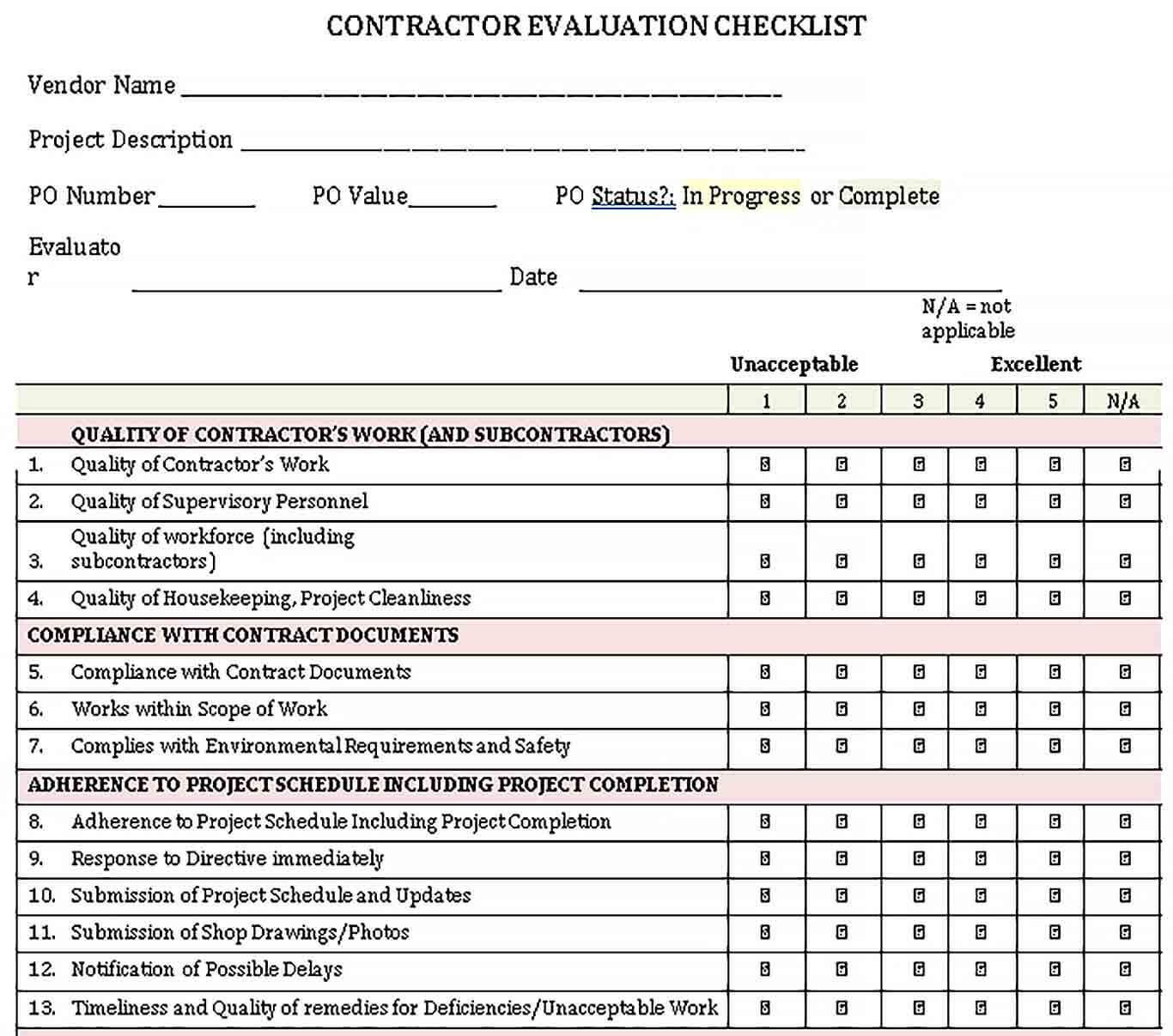 Sample Contractor Project Evaluation Checklist