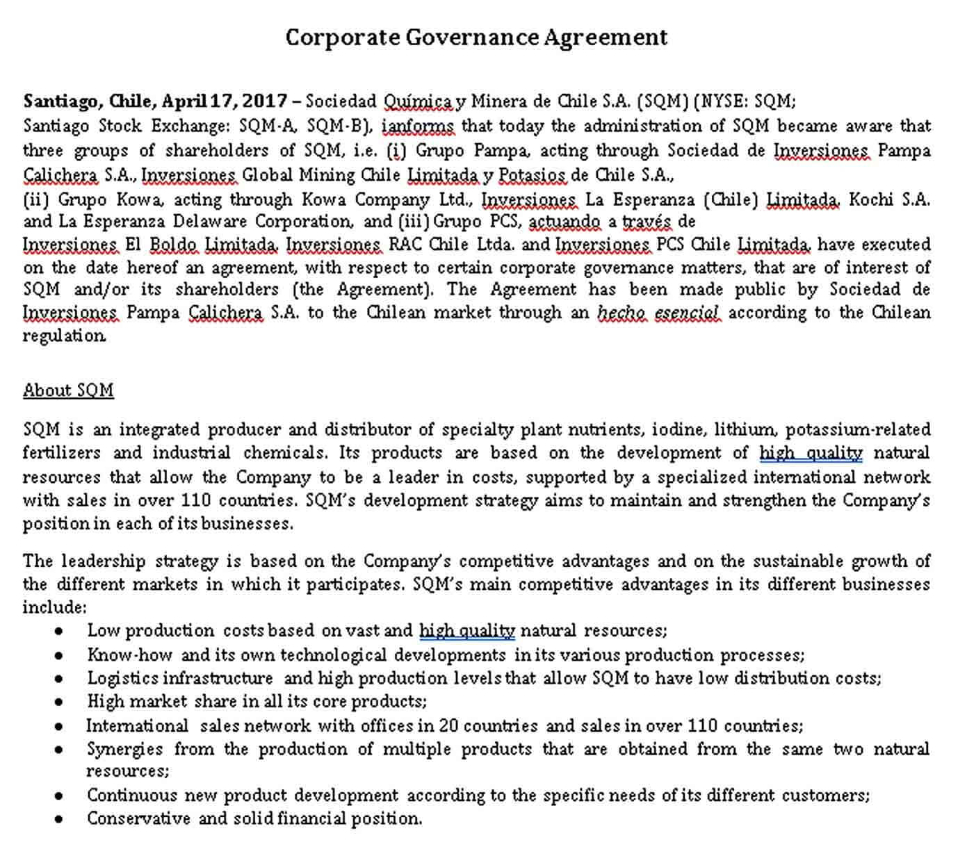 Sample Corporate Governance Agreement