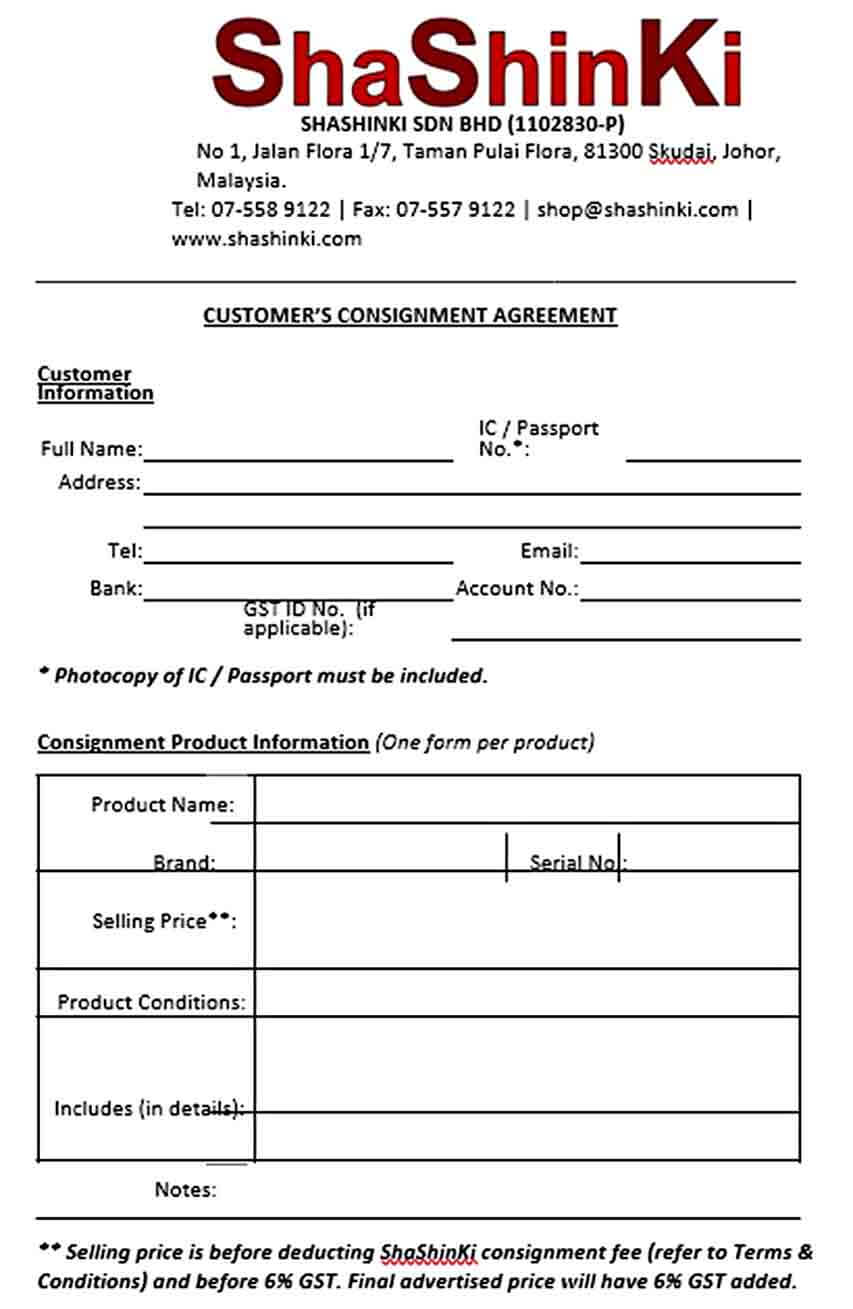 Sample Customers Consignment Agreement